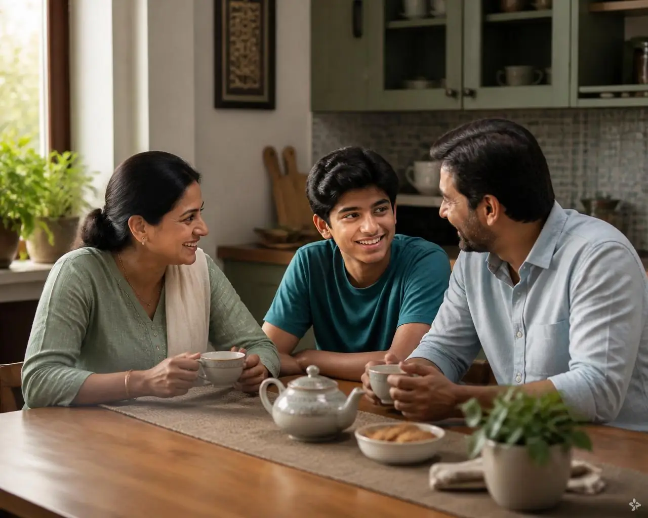 Indian family of three sharing tea together at the kitchen table
