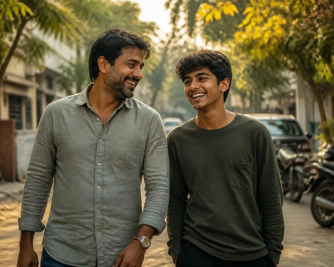 Indian father and teenage son laughing together outdoors